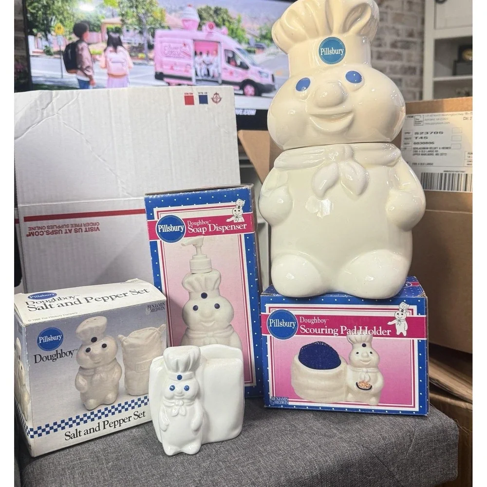 Vintage PILLSBURY Doughboy Kitchen Lot Soap Cookie Jar Salt Pepper Napkin
